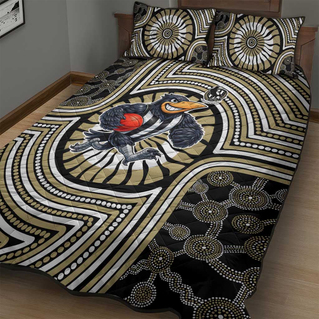 Collingwood Football Club Quilt Bed Set Indigenous Monochrome Dot Art Mascot Style