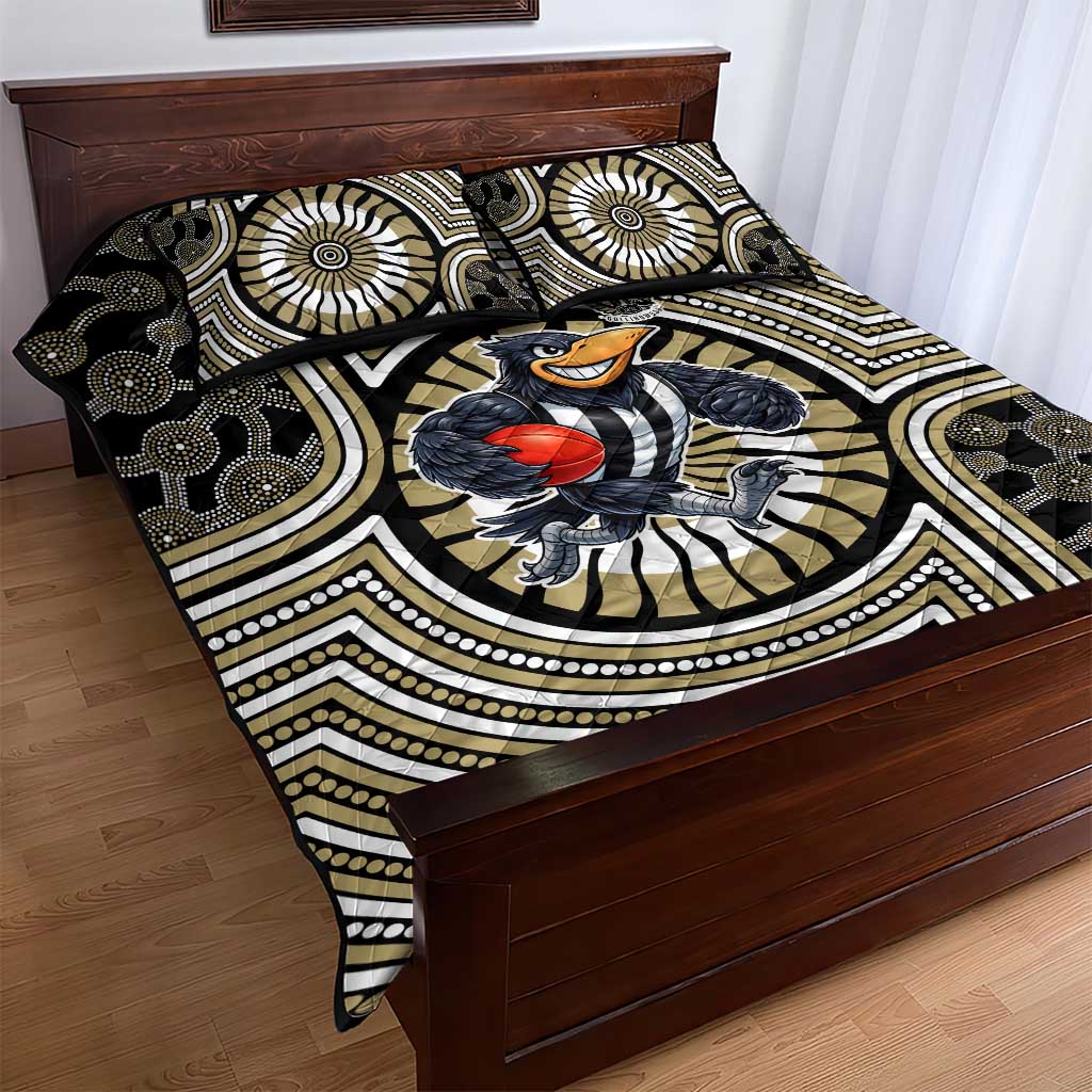 Collingwood Football Club Quilt Bed Set Indigenous Monochrome Dot Art Mascot Style