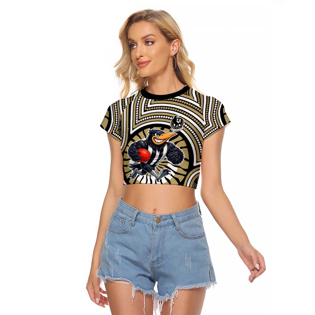 Collingwood Football Club Raglan Cropped T Shirt Indigenous Monochrome Dot Art Mascot Style