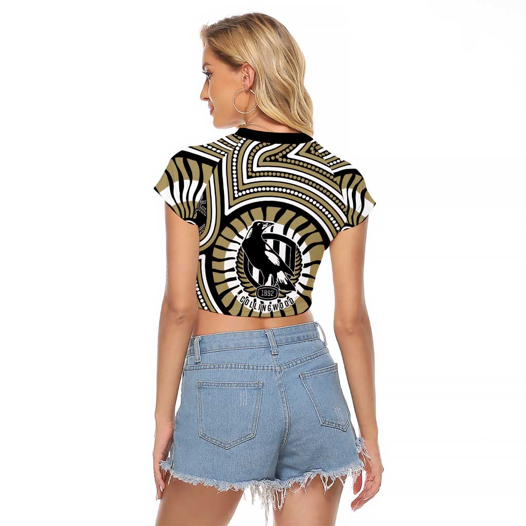 Collingwood Football Club Raglan Cropped T Shirt Indigenous Monochrome Dot Art Mascot Style