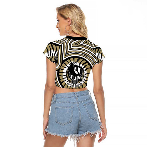 Collingwood Football Club Raglan Cropped T Shirt Indigenous Monochrome Dot Art Mascot Style