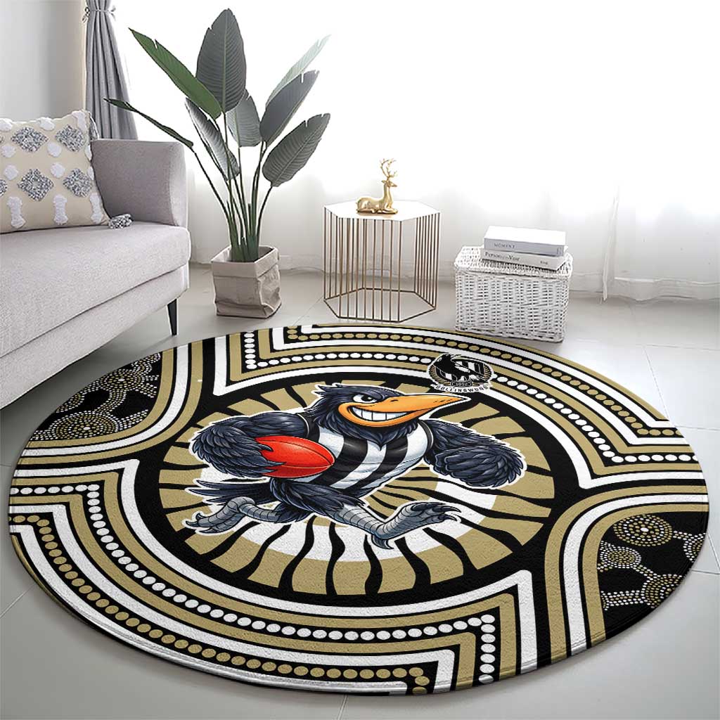 Collingwood Football Club Round Carpet Indigenous Monochrome Dot Art Mascot Style