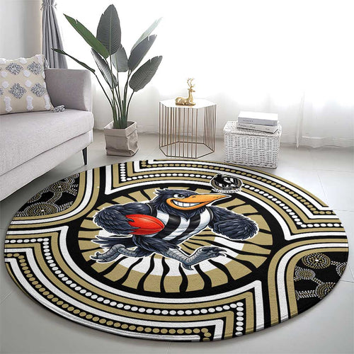 Collingwood Football Club Round Carpet Indigenous Monochrome Dot Art Mascot Style