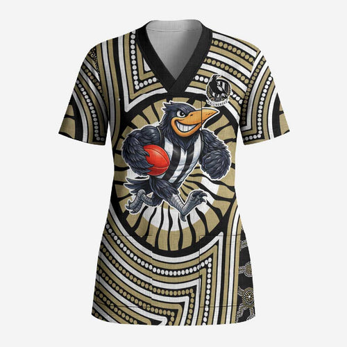 Collingwood Football Club Scrub Top Indigenous Monochrome Dot Art Mascot Style