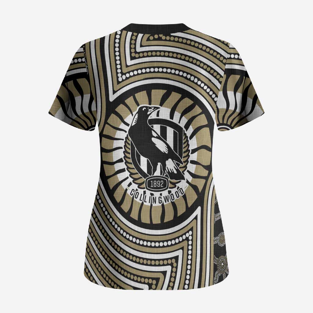 Collingwood Football Club Scrub Top Indigenous Monochrome Dot Art Mascot Style