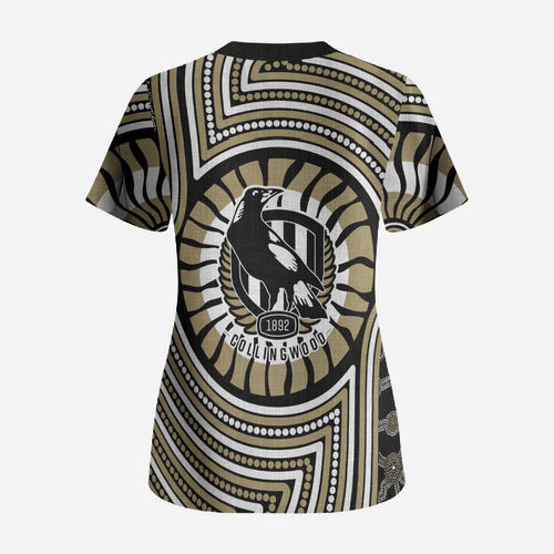 Collingwood Football Club Scrub Top Indigenous Monochrome Dot Art Mascot Style