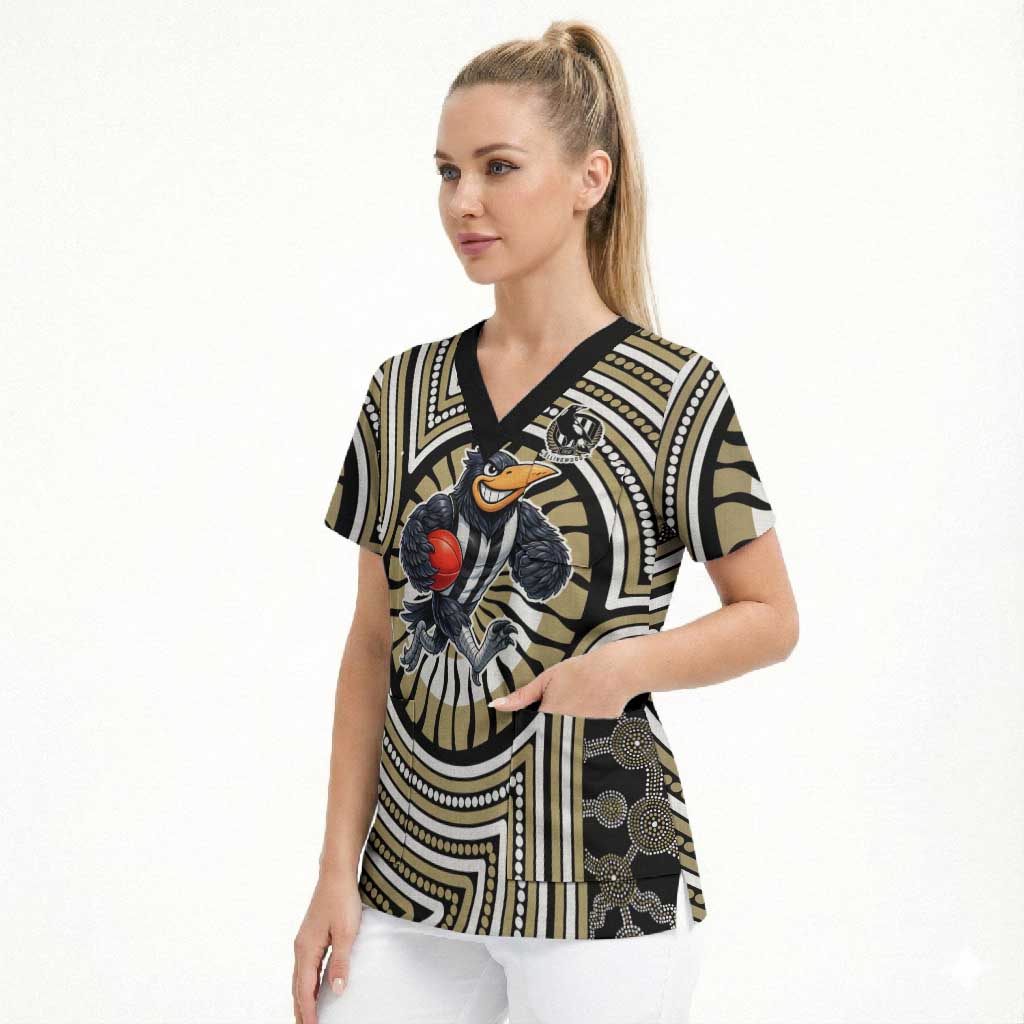 Collingwood Football Club Scrub Top Indigenous Monochrome Dot Art Mascot Style