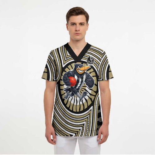 Collingwood Football Club Scrub Top Indigenous Monochrome Dot Art Mascot Style