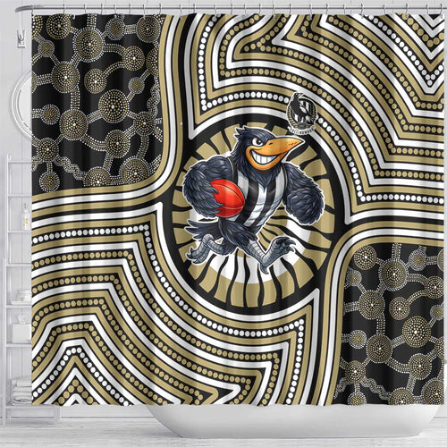 Collingwood Football Club Shower Curtain Indigenous Monochrome Dot Art Mascot Style