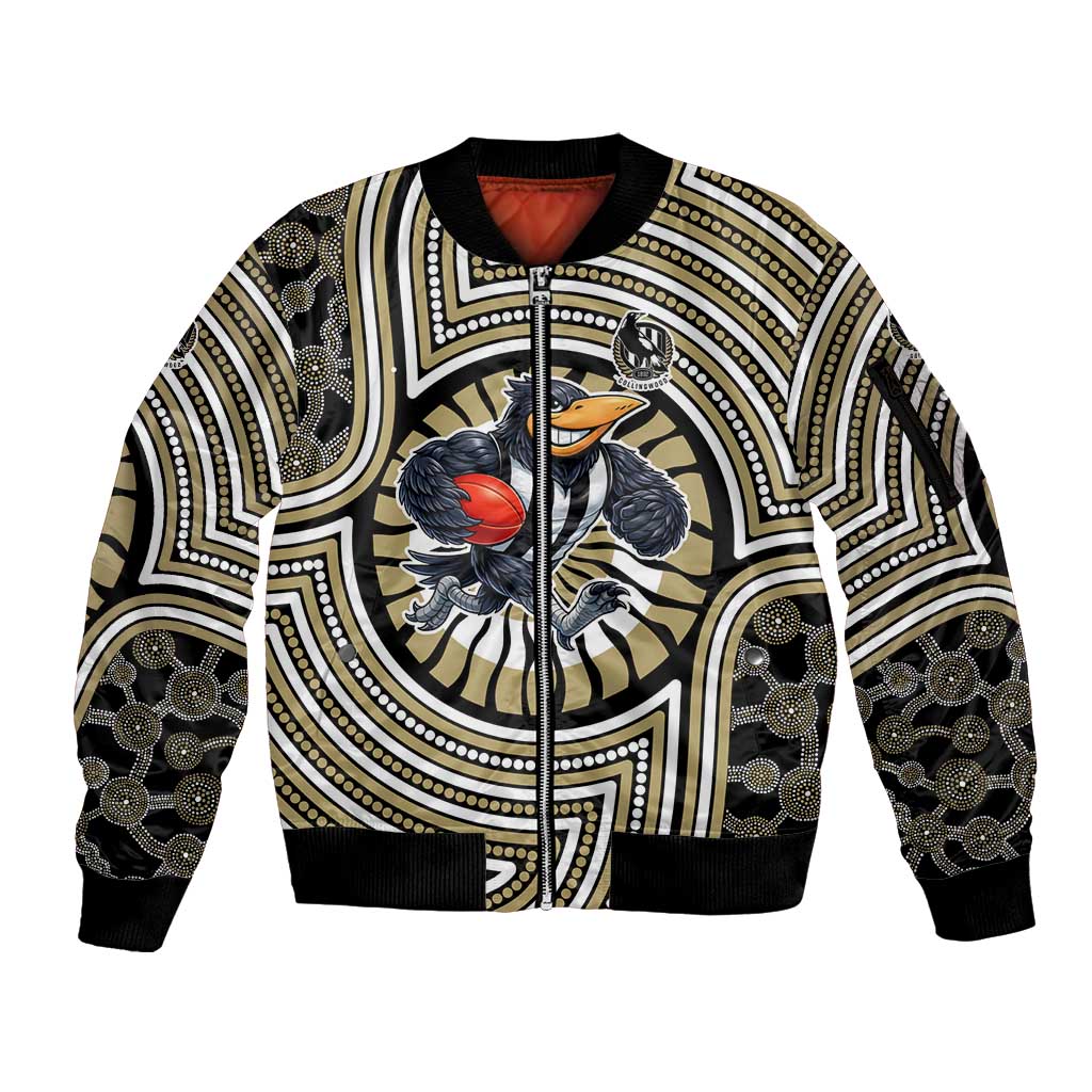Collingwood Football Club Sleeve Zip Bomber Jacket Indigenous Monochrome Dot Art Mascot Style