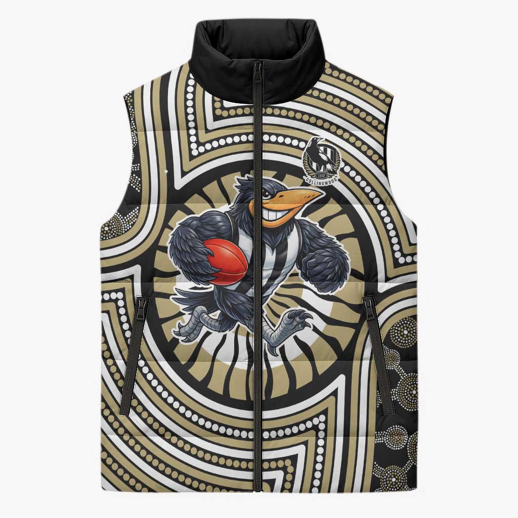 Collingwood Football Club Sleeveless Puffer Jacket Indigenous Monochrome Dot Art Mascot Style