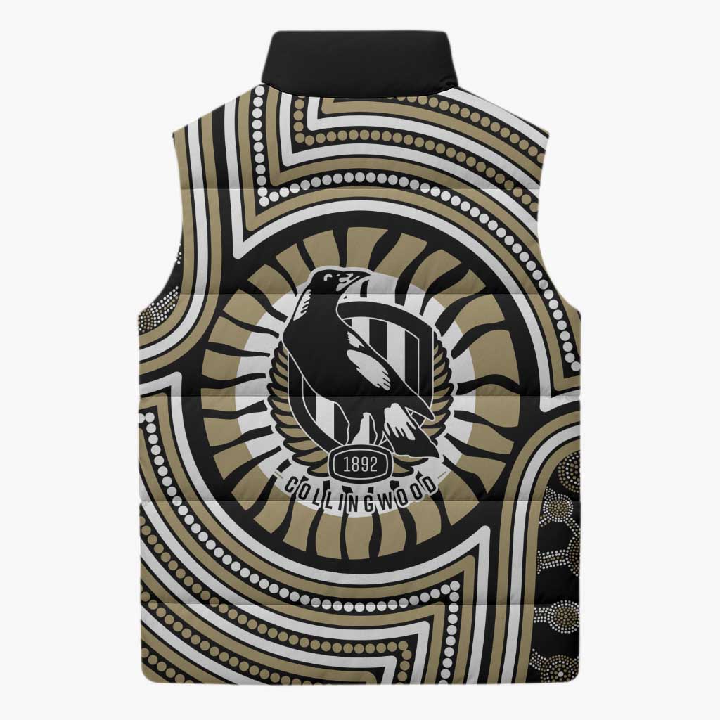 Collingwood Football Club Sleeveless Puffer Jacket Indigenous Monochrome Dot Art Mascot Style