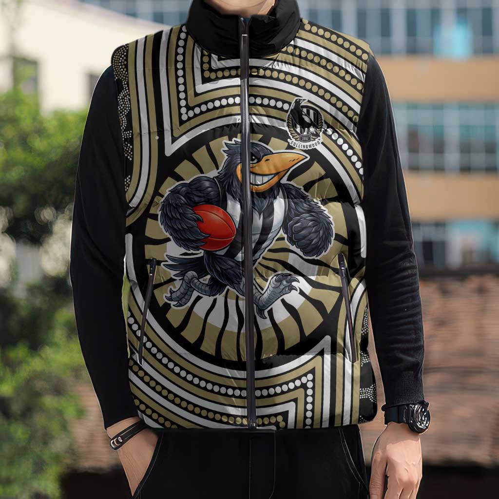 Collingwood Football Club Sleeveless Puffer Jacket Indigenous Monochrome Dot Art Mascot Style