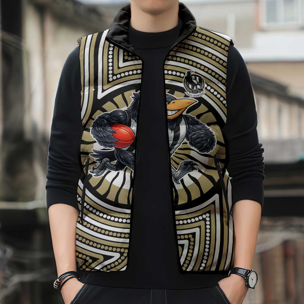 Collingwood Football Club Sleeveless Puffer Jacket Indigenous Monochrome Dot Art Mascot Style