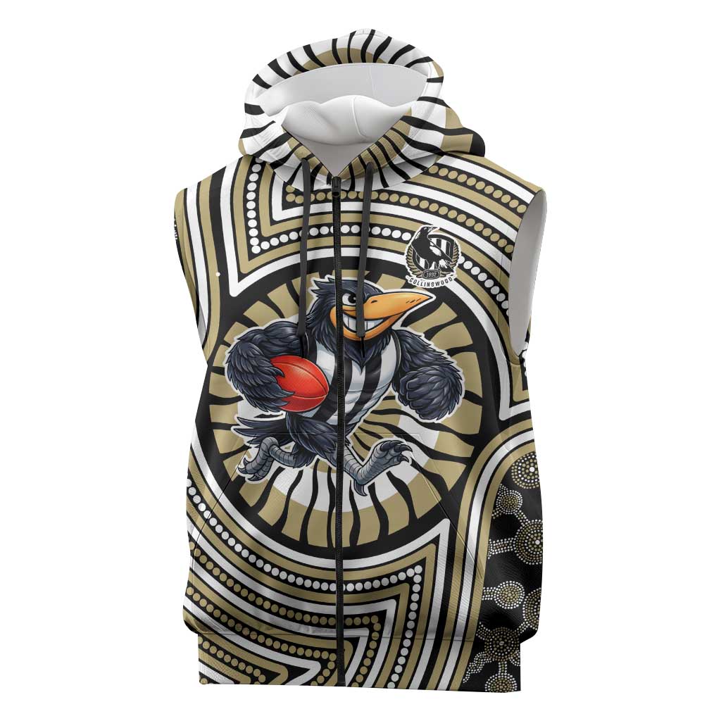 Collingwood Football Club Sleeveless Zip Hoodie Indigenous Monochrome Dot Art Mascot Style
