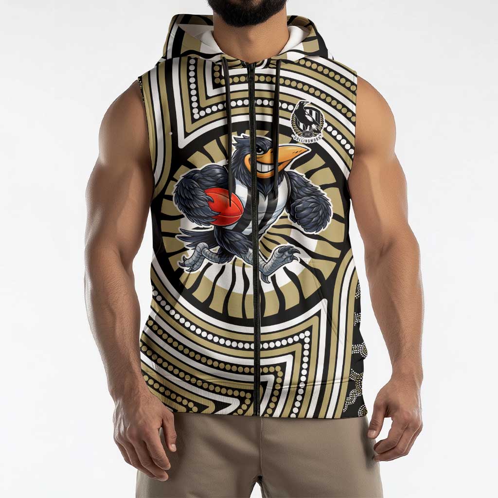 Collingwood Football Club Sleeveless Zip Hoodie Indigenous Monochrome Dot Art Mascot Style