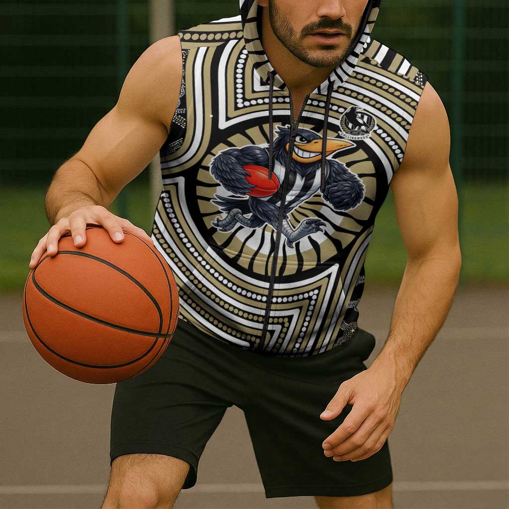 Collingwood Football Club Sleeveless Zip Hoodie Indigenous Monochrome Dot Art Mascot Style