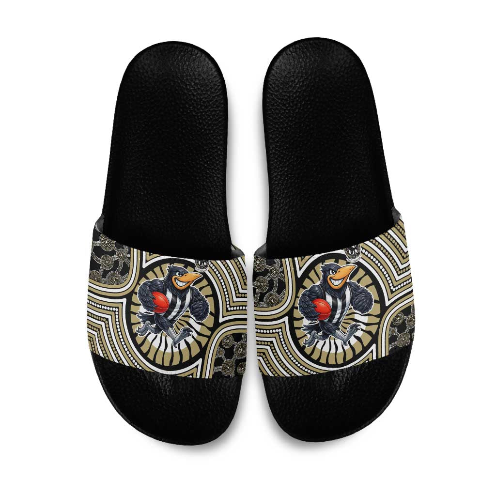Collingwood Football Club Slide Sandals Indigenous Monochrome Dot Art Mascot Style