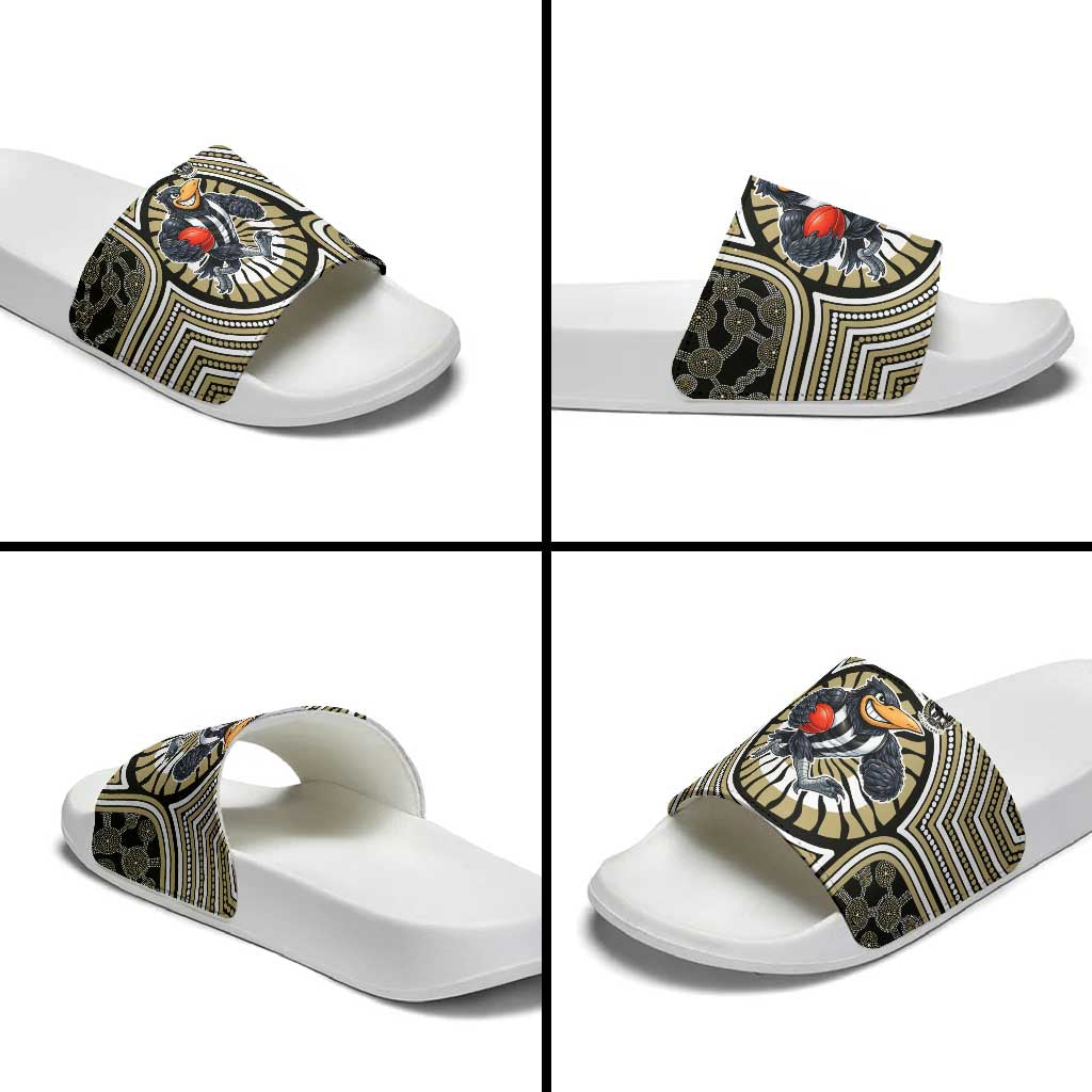 Collingwood Football Club Slide Sandals Indigenous Monochrome Dot Art Mascot Style