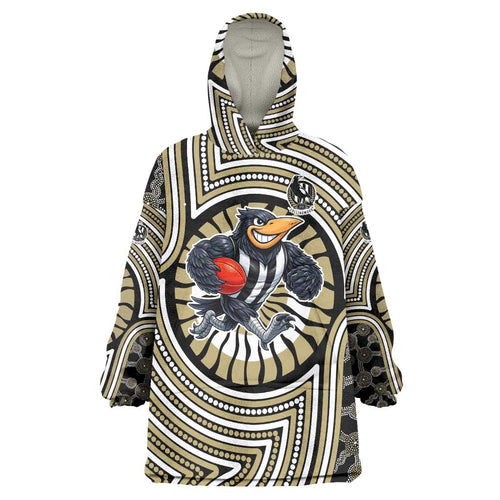 Collingwood Football Club Wearable Blanket Hoodie Indigenous Monochrome Dot Art Mascot Style