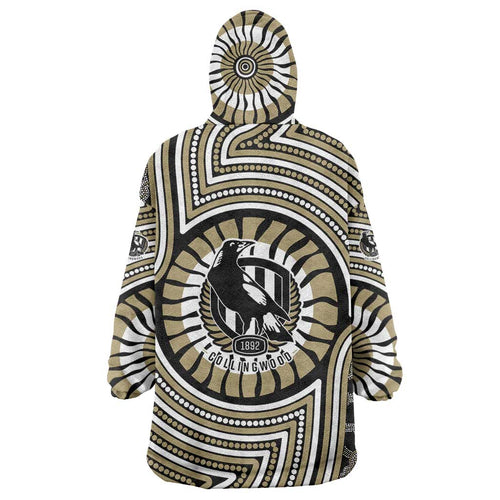 Collingwood Football Club Wearable Blanket Hoodie Indigenous Monochrome Dot Art Mascot Style