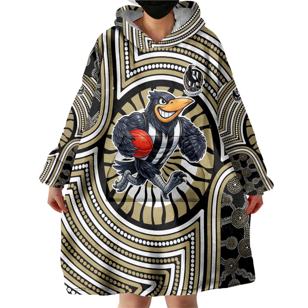 Collingwood Football Club Wearable Blanket Hoodie Indigenous Monochrome Dot Art Mascot Style