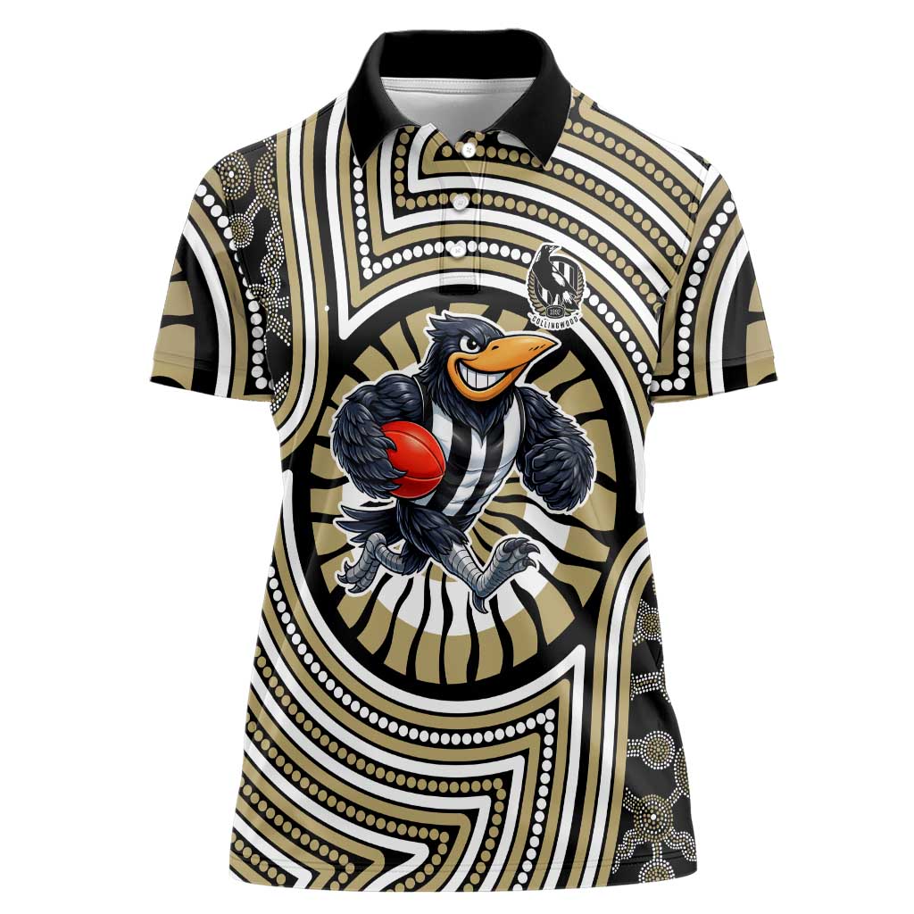 Collingwood Football Club Women Polo Shirt Indigenous Monochrome Dot Art Mascot Style