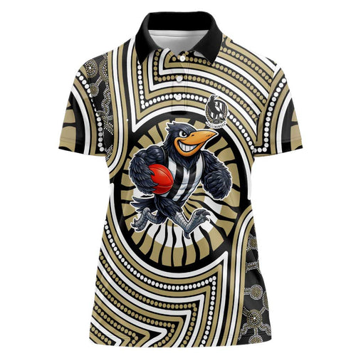 Collingwood Football Club Women Polo Shirt Indigenous Monochrome Dot Art Mascot Style