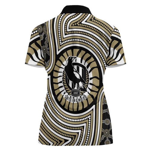 Collingwood Football Club Women Polo Shirt Indigenous Monochrome Dot Art Mascot Style