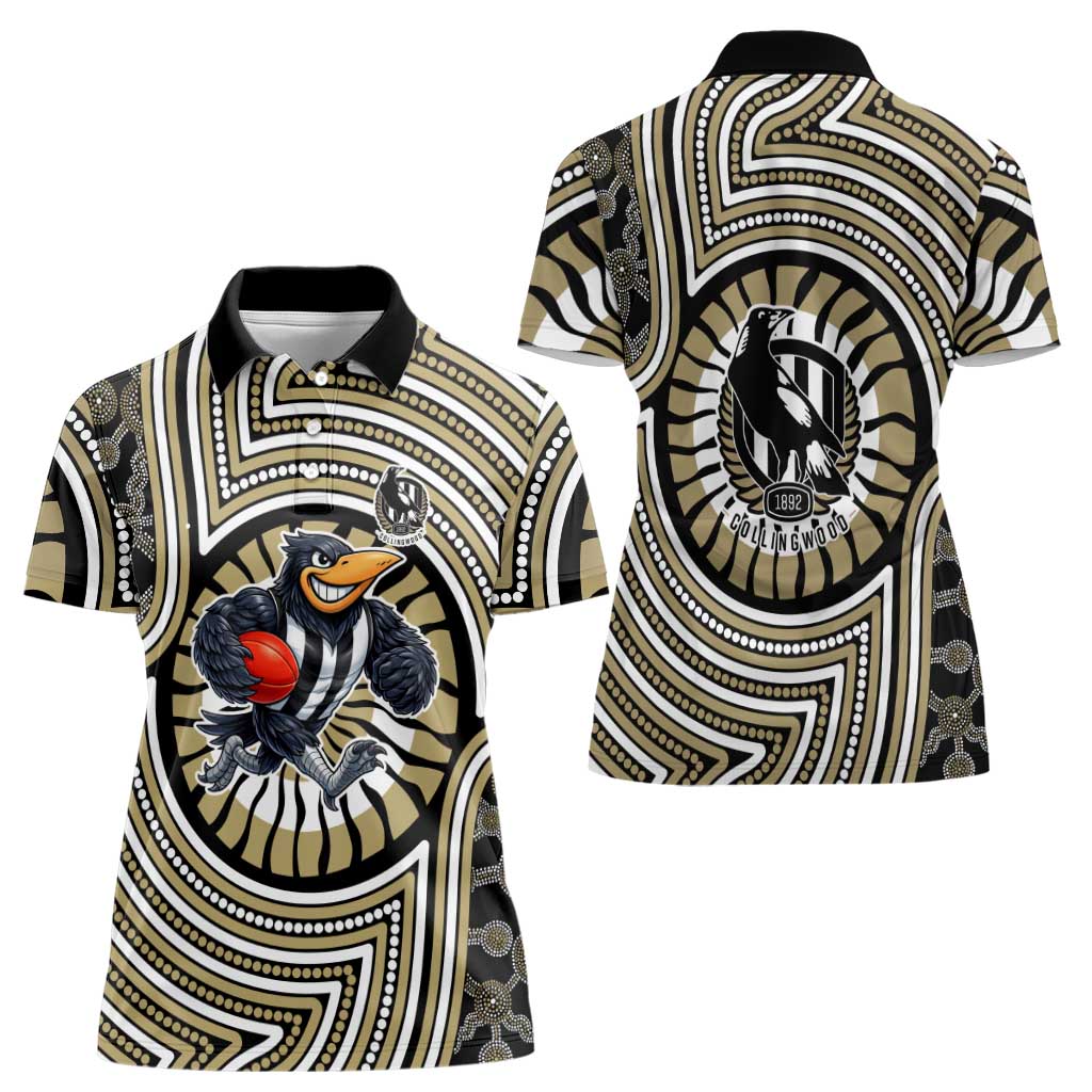 Collingwood Football Club Women Polo Shirt Indigenous Monochrome Dot Art Mascot Style