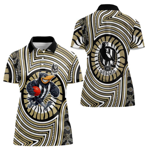 Collingwood Football Club Women Polo Shirt Indigenous Monochrome Dot Art Mascot Style