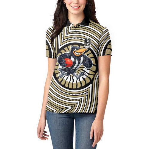 Collingwood Football Club Women Polo Shirt Indigenous Monochrome Dot Art Mascot Style