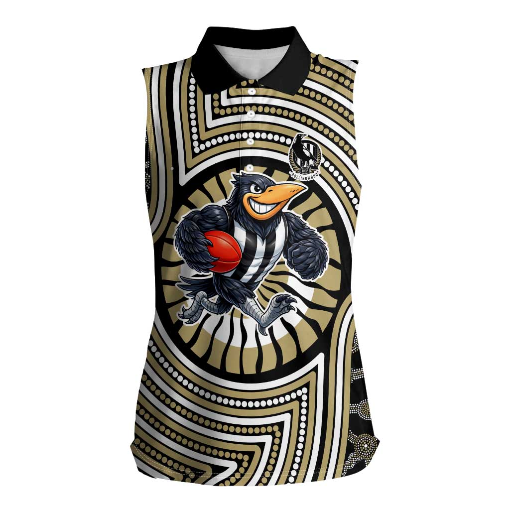 Collingwood Football Club Women Sleeveless Polo Shirt Indigenous Monochrome Dot Art Mascot Style