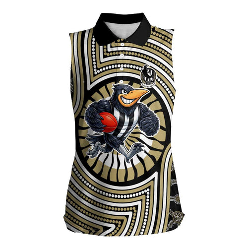Collingwood Football Club Women Sleeveless Polo Shirt Indigenous Monochrome Dot Art Mascot Style