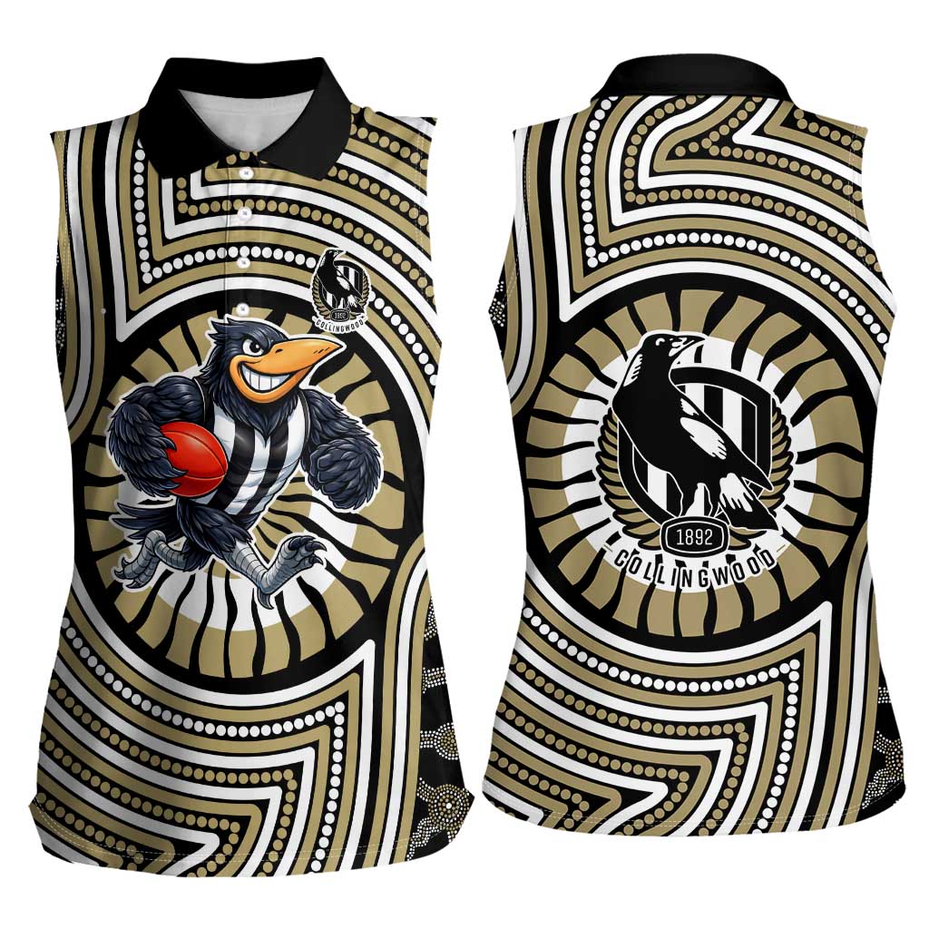 Collingwood Football Club Women Sleeveless Polo Shirt Indigenous Monochrome Dot Art Mascot Style