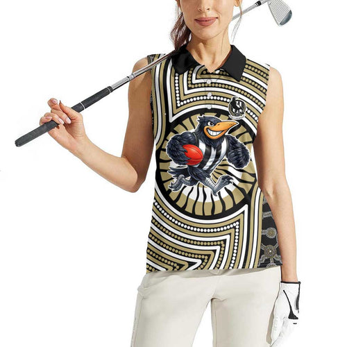 Collingwood Football Club Women Sleeveless Polo Shirt Indigenous Monochrome Dot Art Mascot Style