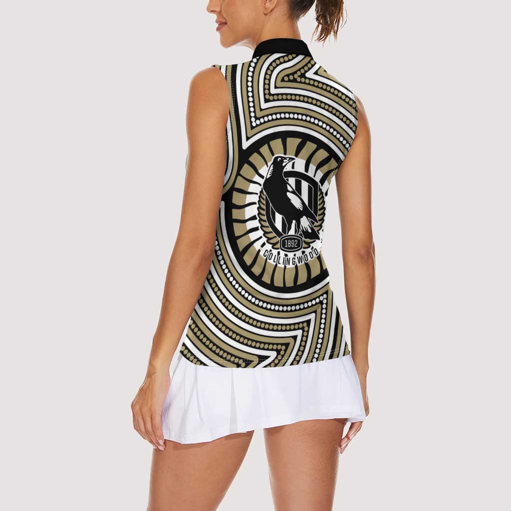Collingwood Football Club Women Sleeveless Polo Shirt Indigenous Monochrome Dot Art Mascot Style