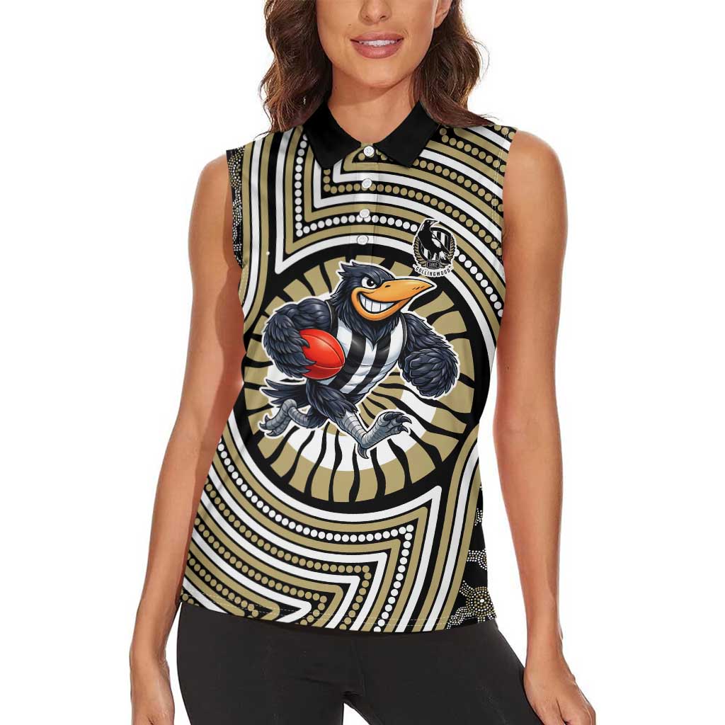 Collingwood Football Club Women Sleeveless Polo Shirt Indigenous Monochrome Dot Art Mascot Style