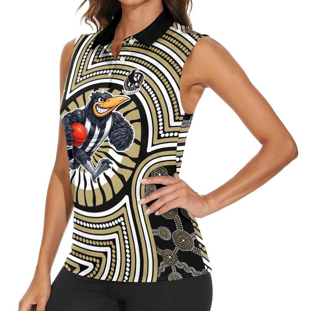 Collingwood Football Club Women Sleeveless Polo Shirt Indigenous Monochrome Dot Art Mascot Style