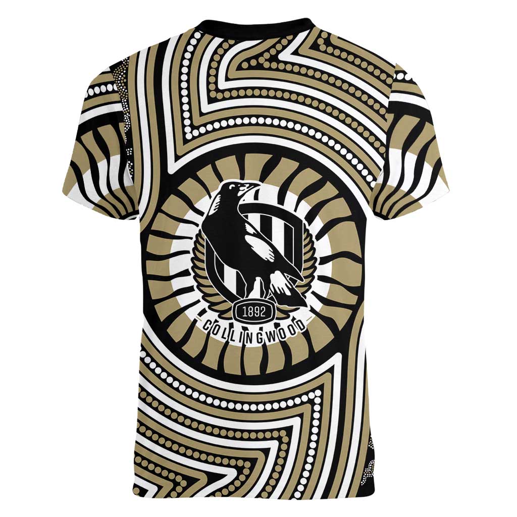 Collingwood Football Club Women V-Neck T-Shirt Indigenous Monochrome Dot Art Mascot Style