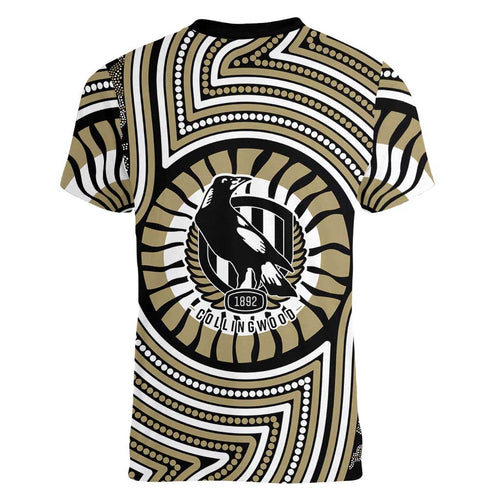 Collingwood Football Club Women V-Neck T-Shirt Indigenous Monochrome Dot Art Mascot Style