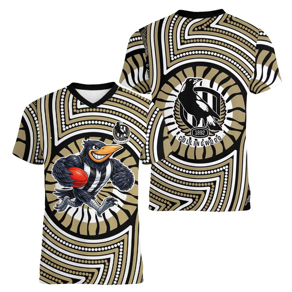 Collingwood Football Club Women V-Neck T-Shirt Indigenous Monochrome Dot Art Mascot Style
