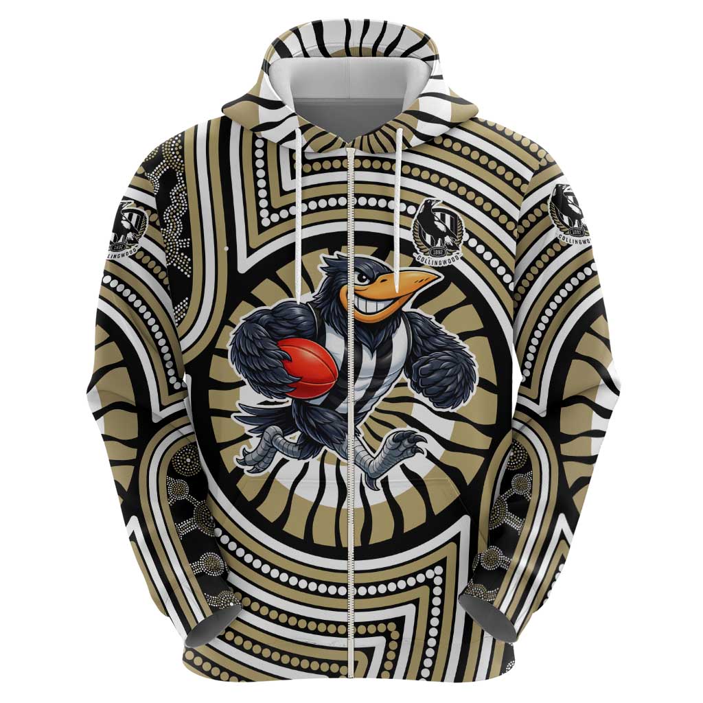 Collingwood Football Club Zip Hoodie Indigenous Monochrome Dot Art Mascot Style