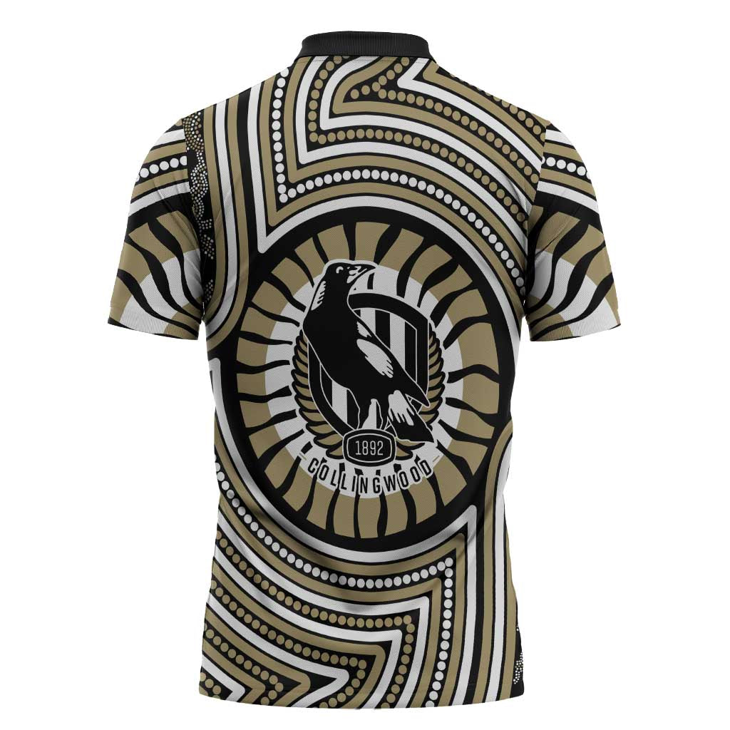 Collingwood Football Club Zipper Polo Shirt Indigenous Monochrome Dot Art Mascot Style