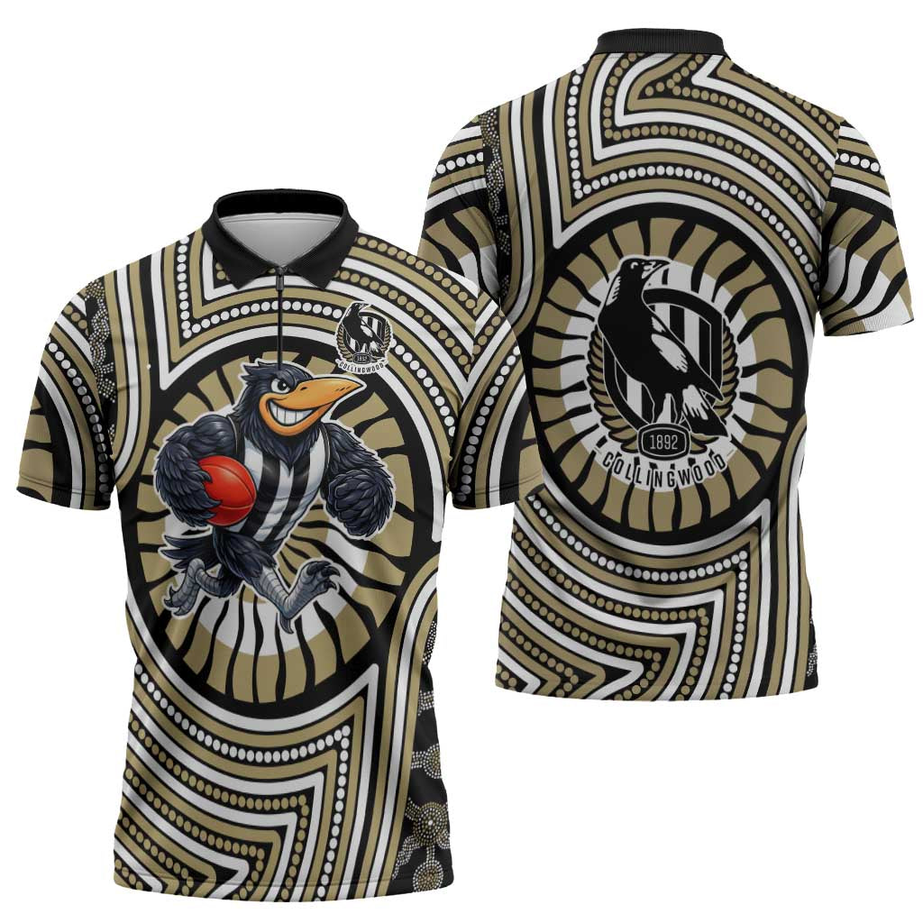 Collingwood Football Club Zipper Polo Shirt Indigenous Monochrome Dot Art Mascot Style