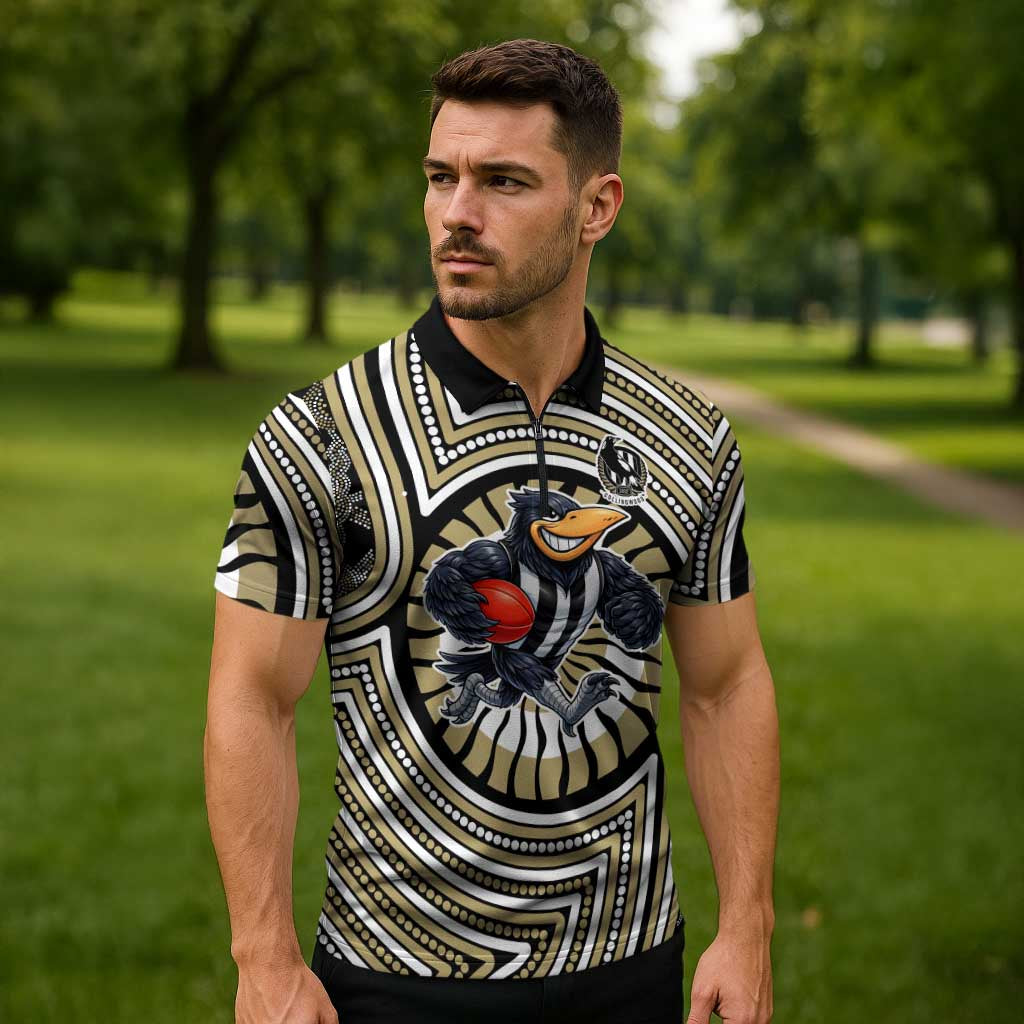 Collingwood Football Club Zipper Polo Shirt Indigenous Monochrome Dot Art Mascot Style
