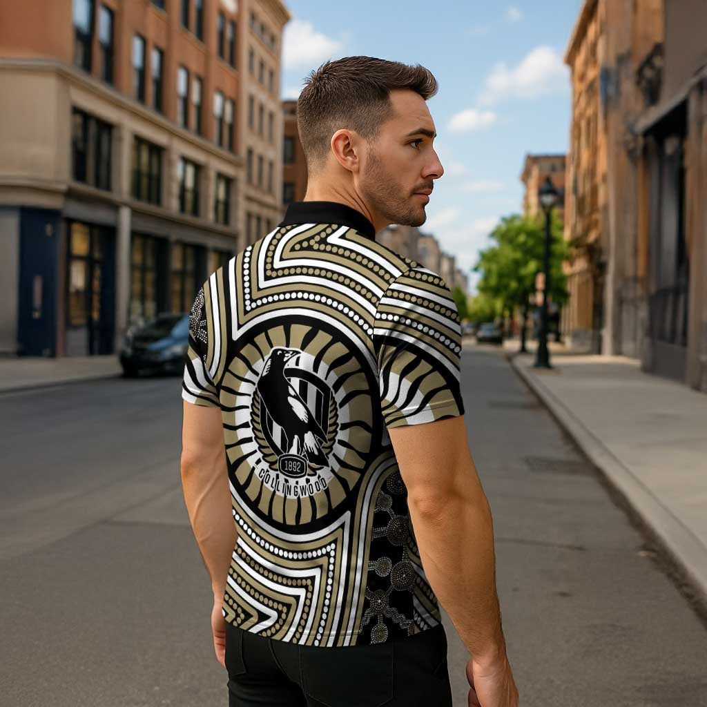 Collingwood Football Club Zipper Polo Shirt Indigenous Monochrome Dot Art Mascot Style