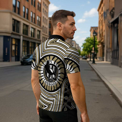 Collingwood Football Club Zipper Polo Shirt Indigenous Monochrome Dot Art Mascot Style