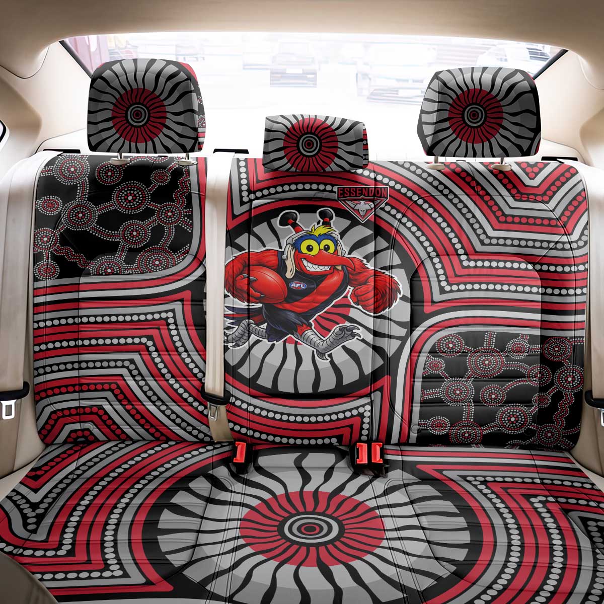 Essendon Football Club Back Car Seat Cover Indigenous Monochrome Dot Art Mascot Style