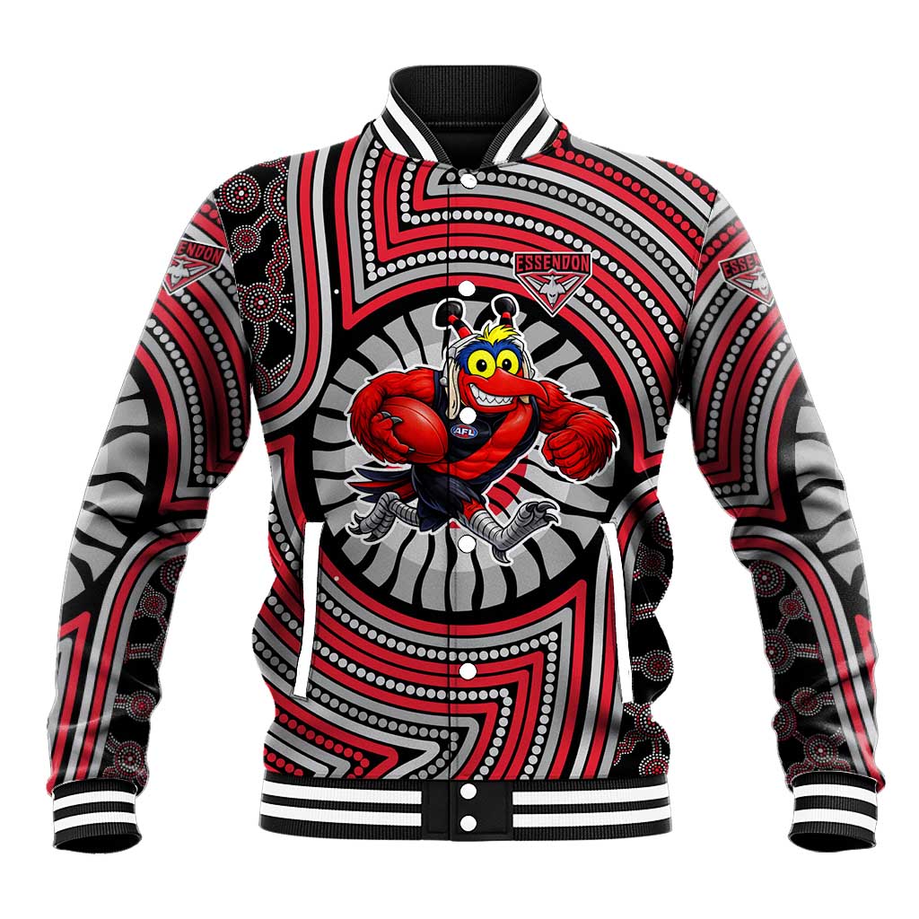 Essendon Football Club Baseball Jacket Indigenous Monochrome Dot Art Mascot Style